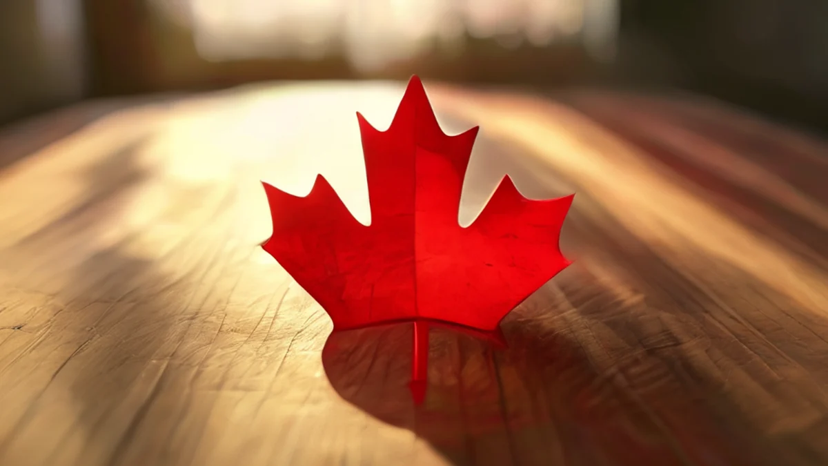 Red and white maple leaf with green center, symbol of Canada