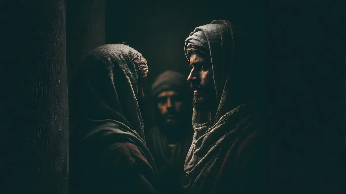 biblical scene, men, dramatic, ancient robes, shadowed figures, solemn mood, textured garments, expressive faces, dim light, spiritual tension, cultural attire,
