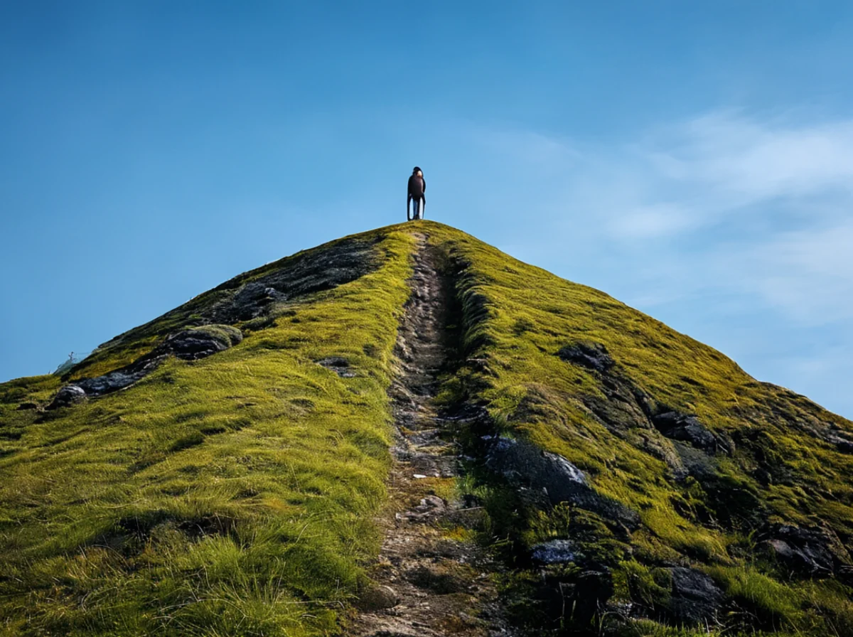 Ein Mensch steigt eine volcanic Hill mit roten und schwarzen Felsformationen hinauf.