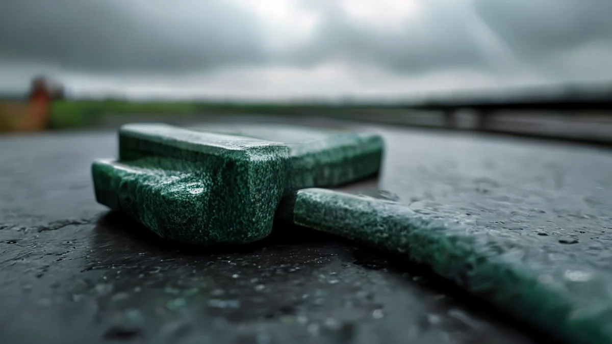 A weathered bridge bolt, dark green with a hexagonal head, resting on a steel table under overcast daylight, shallow depth of field, photorealistic, sharp focus, high detail