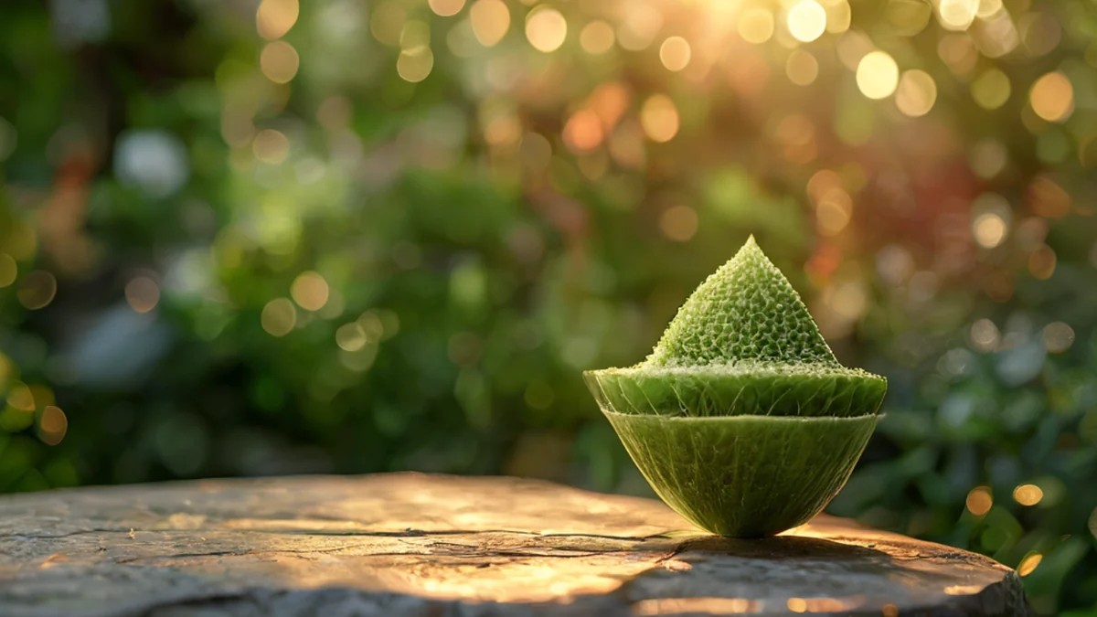 Een groene tuincon, ronde top en puntige basis, op een steentafel, warme licht, zacht scherp, fotorealistisch, scherp focus, hoge details