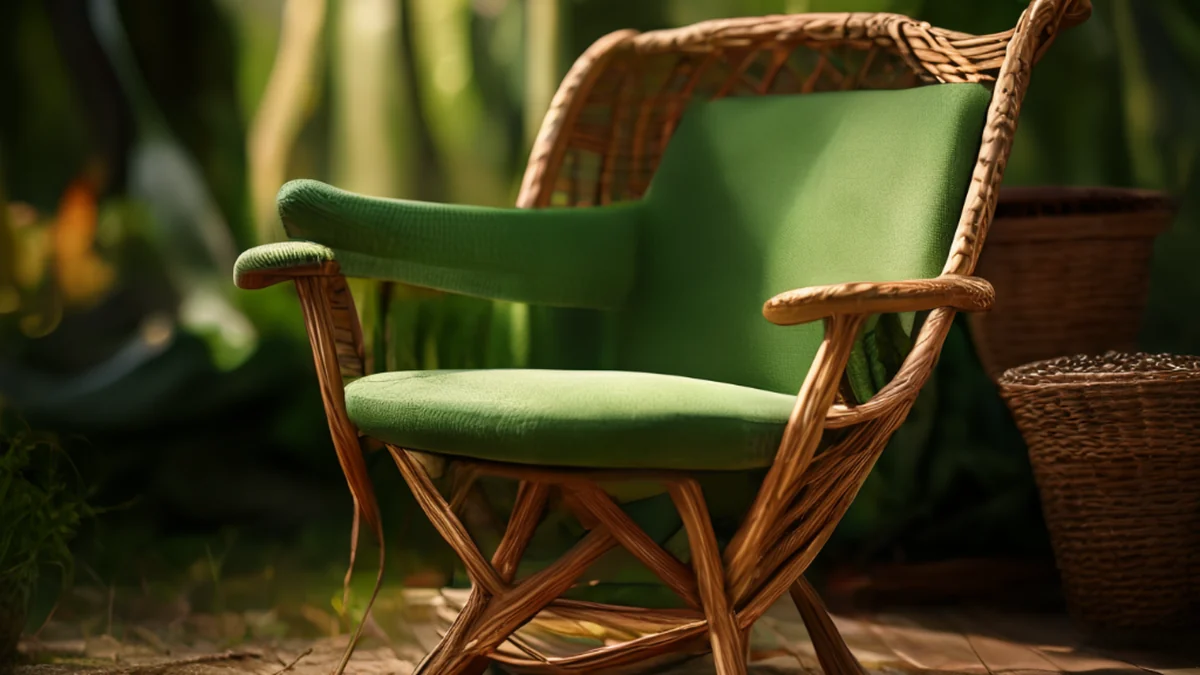 Um encosto de acampar de palha, verde e suave, sob uma luz quente do lado, 85mm lente, profundidade de campo baixa, fotorealista, foco neto, detalhes altos