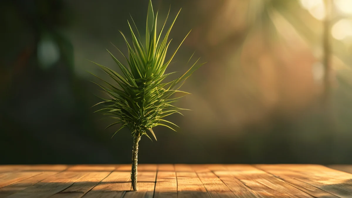 Uma folha tropical alta, espinhosa, verde, textura foliacea, sobre uma mesa de madeira simples, sob luz quente, profundidade de campo suave, realismo fotográfico, foco afiado, detalhes altos
