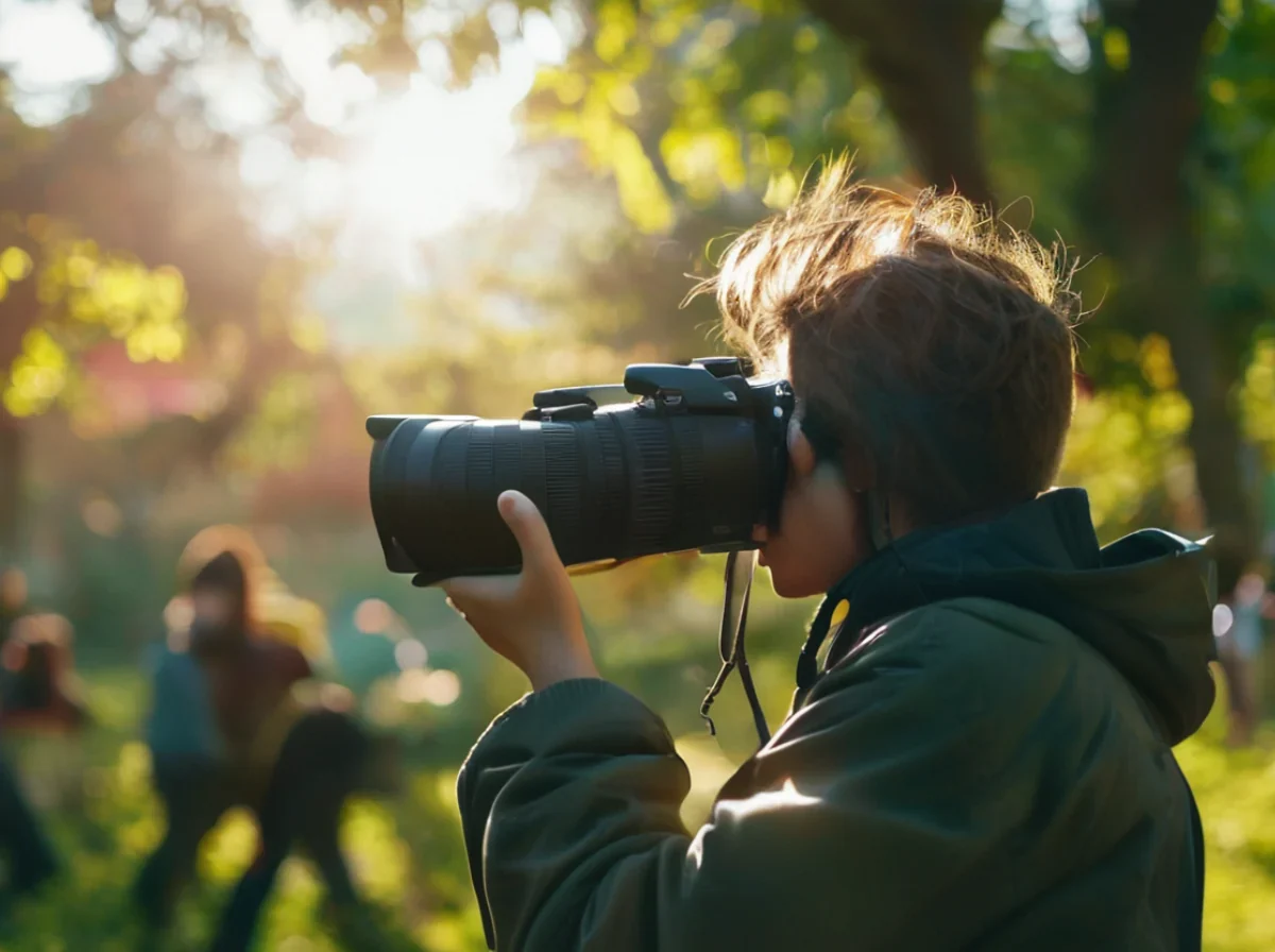 A person holding a camera to take photos of children in a park
