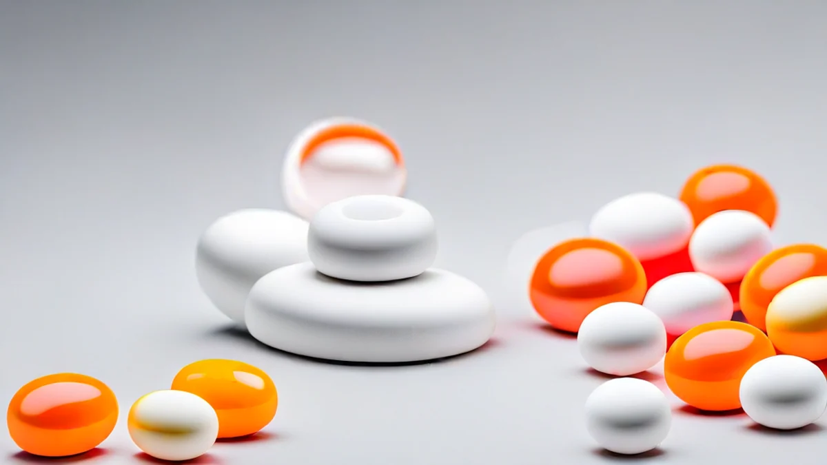 Una pila de tabletas de suplementos alimenticios de diferentes colores en una superficie blanca.