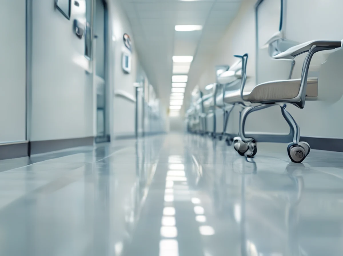 Un couloir d'hôpital public avec des murs blancs, des portes bleues et des personnels médicaux.